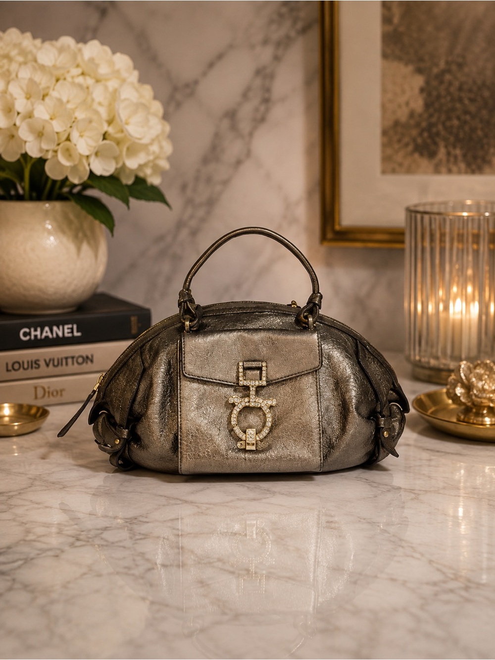 Salvatore Ferragamo Metallic Leather Crystal Gancini Mini Satchel Bronze Gold